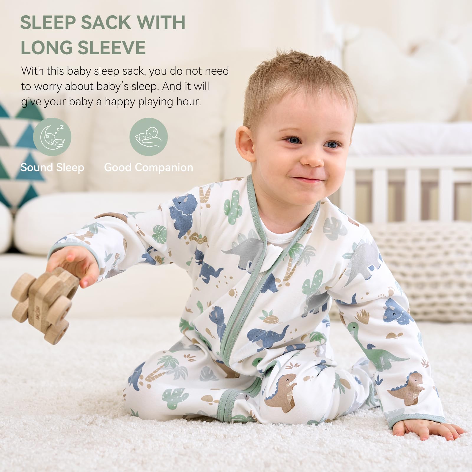 FIEMOL Baby Sleep Sack 6-12 Months, Long Sleeve Baby Wearable Blanket 0.5 Tog with Mittens, 2-Way Zipper Infant Cotton Sleeping Sack for Boy and Girl Green Dinosaur 2 Pack (Medium)