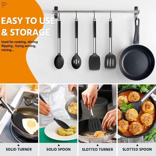 E-far Silicone Cooking Utensils Set - Heat Resistant, Non-Toxic Kitchen Tools for Non-Stick Cookware | 4-Piece Set in Black
