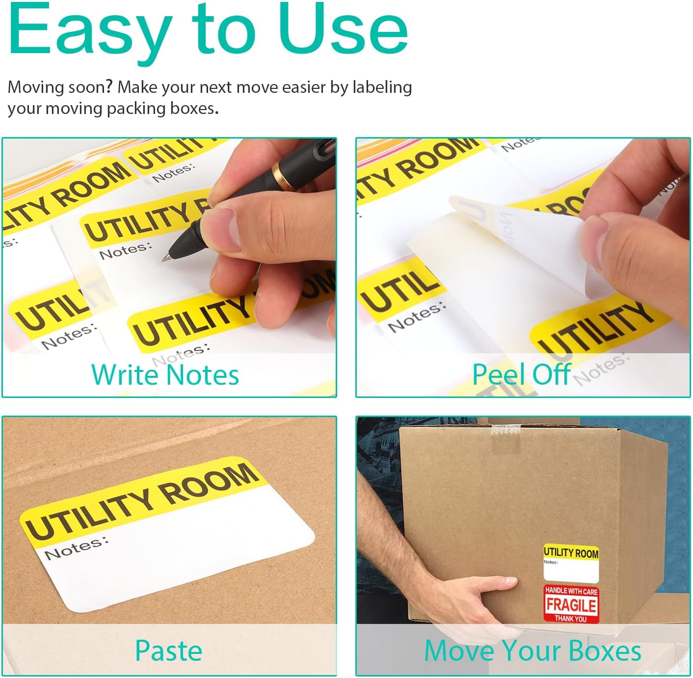 Skiennix Large Home Moving Packing Box Labels - 600 Count with Color-Coded & Writable Areas | Ideal for 3-4 Bedroom Homes