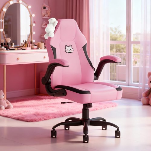 Submi Pink Gaming Chair, Ergonomic Desk Office Chair with Lumbar Support, Computer Chair with Flip-up Armrests, Comfy Task Chair for Girls Women, Cute PC Video Game Chairs, PU Leather, Teens, Pink