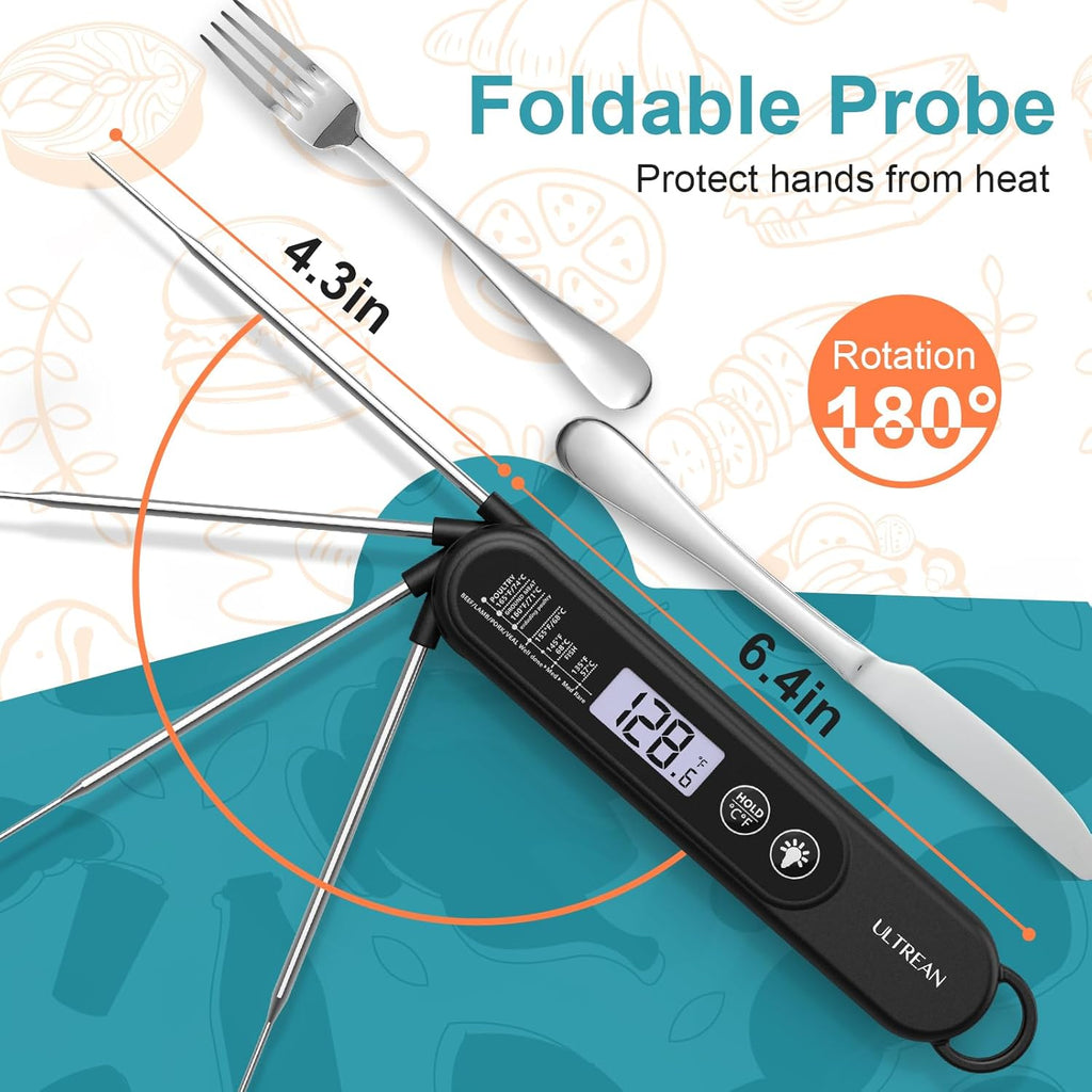 Ultrean Digital Meat Thermometer - Ultra-Fast Instant Read with Backlight & Foldable Probe | Waterproof Kitchen Tool for BBQ, Grill, Fry, Oven, Candy Making