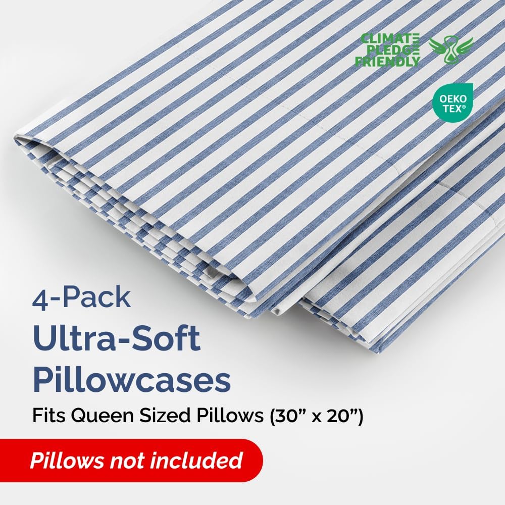 Skiennix Queen Pillow Cases Set of 4 - Ultra Soft Hotel Quality Covers | Wrinkle-Free & Fade Resistant - Blue Stripes