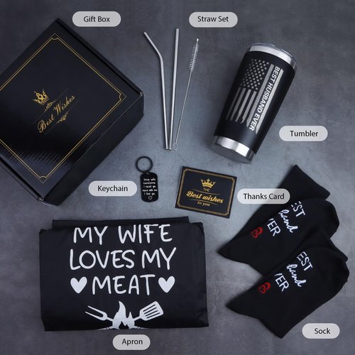 CAKKA Gifts for Husband, 8PCS Husband Birthday Gift Set Includes Tumbler Straw Apron Socks Key Chain, Best Ever Husband Christmas Gifts from Wife for Valentines Day Anniversary Birthday Christmas