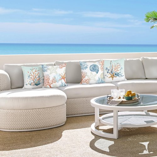 Bonhause Coastal Throw Pillow Covers 18 x 18 Inch Coral Starfish Seashell Beach Decorative Pillow Cases Ocean Blue Cushion Covers for Couch Sofa Bed Home Decor Set of 4