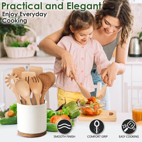 HOWHONG Wooden Spoons for Cooking, Beech Wood Kitchen Utensil Set, Premium Handmade Wooden Cooking Utensils for Nonstick Cookware, Heat Resistant, Smooth Finish, Comfortable Grip, 8 Piece