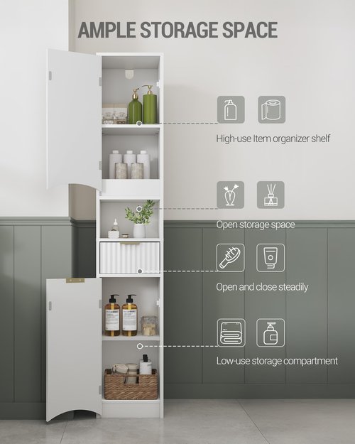 Hzuaneri Tall Bathroom Cabinet, Tall Storage Cabinet with 2 Doors & 1 Drawer, Cabinets with Adjustable Shelves & Wave Doors, Silm Bathroom Cabinets for Living Room, Entryway, Kitchen, White SC33703X