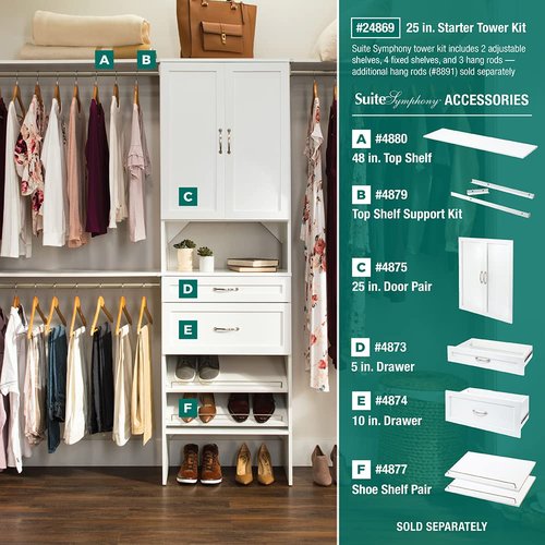 ClosetMaid SuiteSymphony Wood Shoe Shelves Set, Add On Accessory, Angled, Shoe Fence, for 25 in. Units, Pure White/Satin Nickel