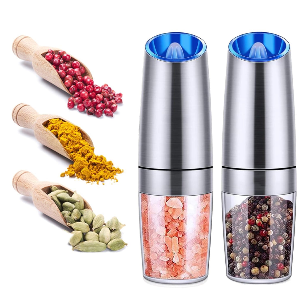 2 Pack Gravity Electric Pepper and Salt Grinder, Larger Capacity Stainless Steel Mill Grinder Battery Powered with LED Light, Adjustable Coarseness, One Hand Automatic Operation for Kitchen BBQ