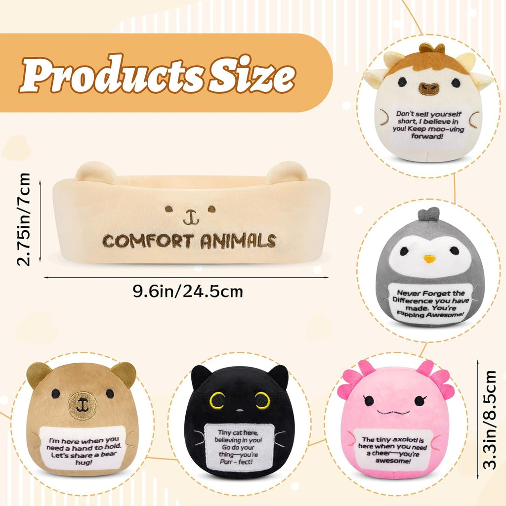 Skiennix Emotional Support Plush Animal Set - 6 Cute Stuffed Toys with Positive Messages | Soft Plushies in Basket