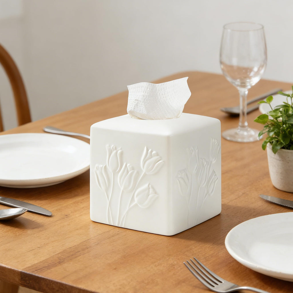 White Ceramic Tulips Tissue Box Cover - Modern Square Decorative Organizer for Facial Tissues, Farmhouse Style Home Decor for Bathroom, Bedroom, Living Room & Office