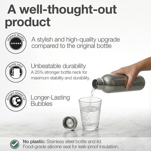 Nordiqo Premium 33 oz Stainless Steel Bottle | Compatible with Aarke Carbonator 3, SodaStream Duo & Plastic Bottle | No Expiry | Plastic-Free | 2x Steel