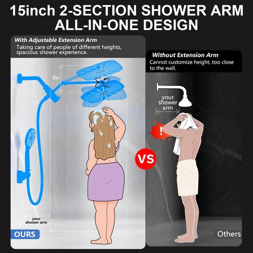 High Pressure Rain Shower Head with Handheld,Wide Rainfall Shower Head Combo with 15" Metal Extension Arm,Detachable Shower head,Rainfall Shower Head with Multi Modes Handheld Spray,Chrome