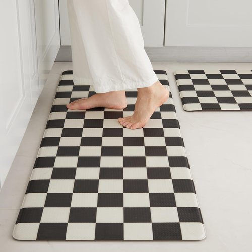 Ohocut Checkered Kitchen Mats for Floor Set of 2, 2 Pcs Black White Cushioned Non Slip Runner Rugs for Kitchen/Sink/Laundry, Comfort Aesthetic Cute Anti-Fatigue Foam Floor Mat 17.3"x29.5"+17.3"x47.2"