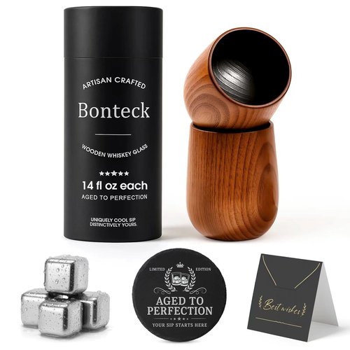 Bonteck Charred Wooden Bourbon Drinking Glass | Bourbon Gifts for Men | Large Old Fashioned Glass | 14 oz Wooden Whiskey Tumbler | Birthday Whiskey Gifts for Men, Dad or Brother (2 Pack)