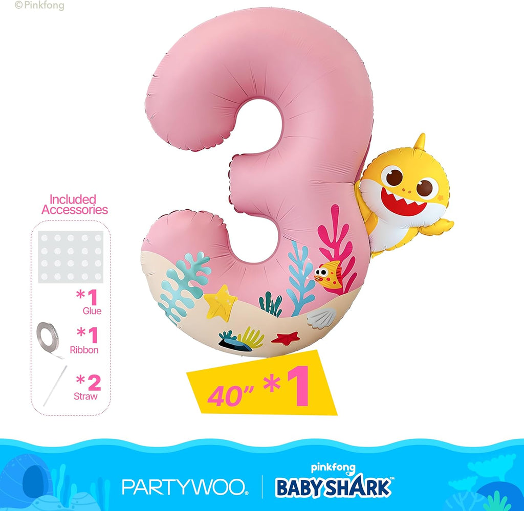 PartyWoo Baby Shark Pink Foil Number 3 Balloon - 40 Inch Mylar Helium Birthday Decoration for Kids