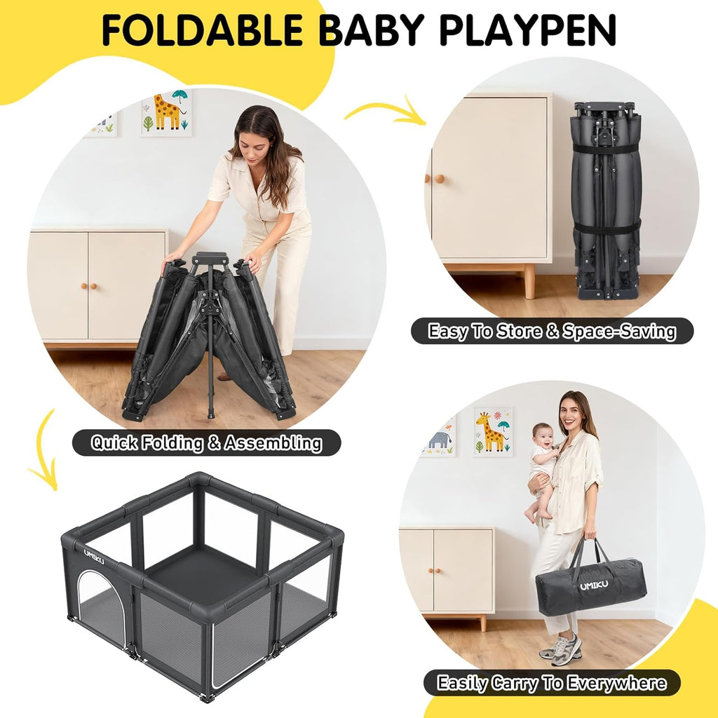 Skiennix Foldable Baby Playpen - Large Portable Play Yard for Toddlers | Indoor/Outdoor Use, 50"X50", Dark Grey