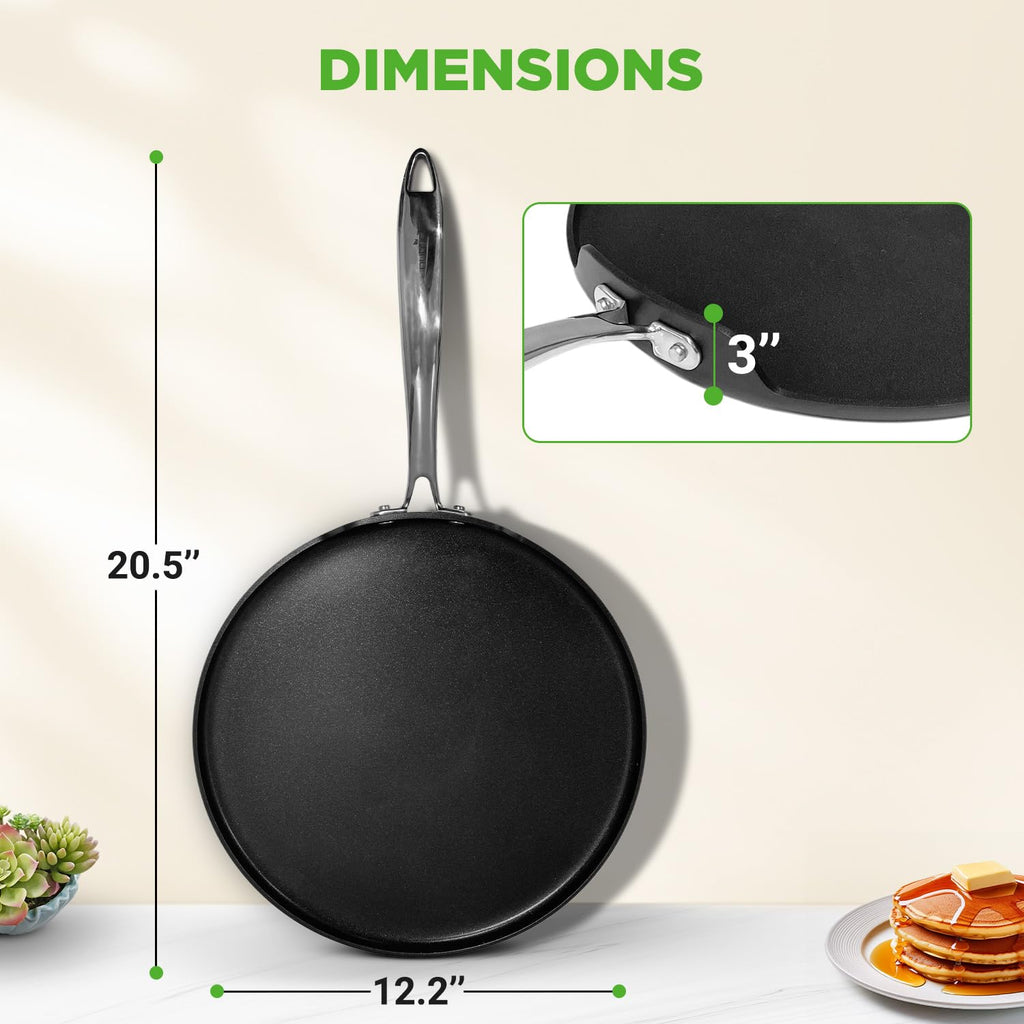 NutriChef 12 Inch Crepe Pan Non Stick, Ideal for Large Pancakes, Dosa, Chapati & Tortillas, Hard-Anodized, Dishwasher Safe