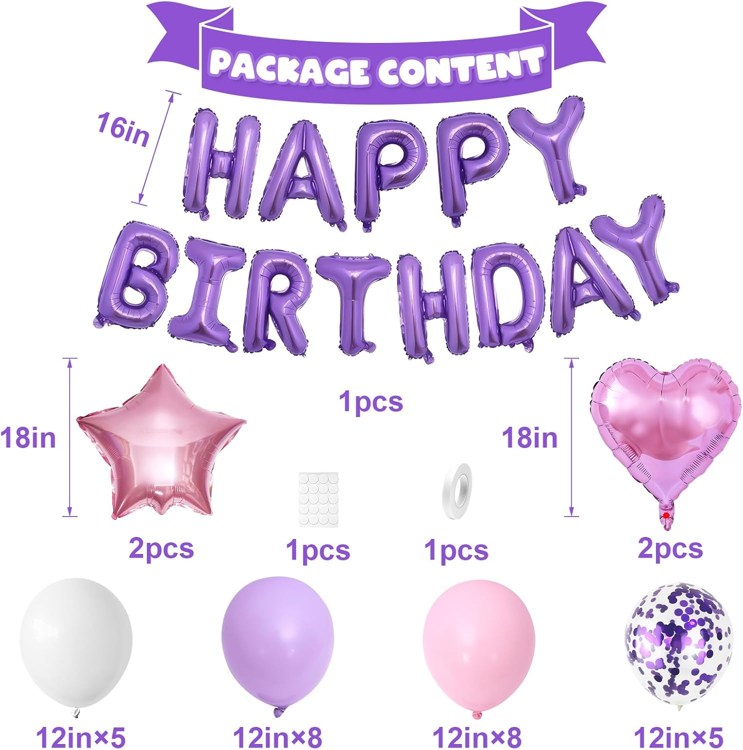 Regine Switzerland Pink Purple Birthday Decorations - Happy Birthday Balloon Banner & Confetti Balloons for Girls & Kids