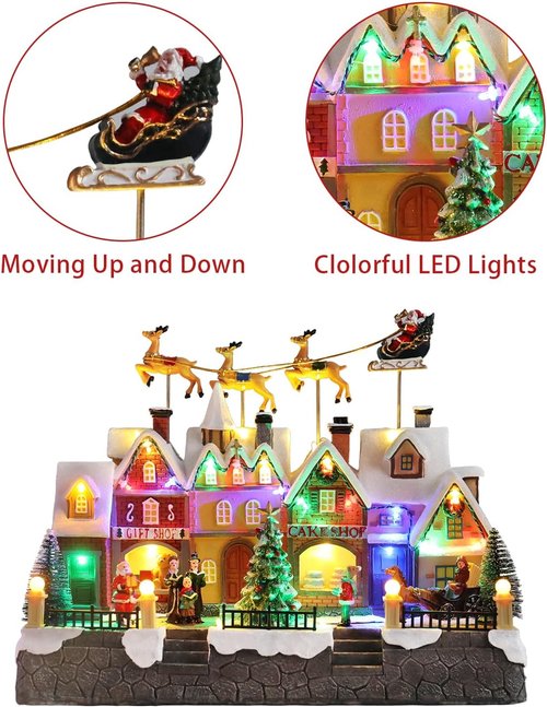 MUMTOP Christmas Village House - Light-Up Animated Town with Flying Reindeer & Santa Sleigh | Holiday Tabletop Decor