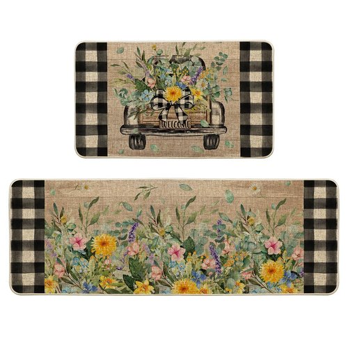 Artoid Mode Truck Flowers Spring Kitchen Mats Set of 2, Summer Home Decor Low-Profile Kitchen Rugs for Floor - 17x29 and 17x47 Inch