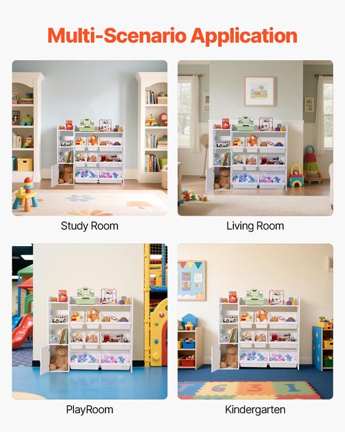 VEVOR Kids Toy Storage and Bookshelf, 4-Tier Toy Storage Organizer with 8 Flexible Plastic Bins, Kids Cubby Cabinet with Bookshelf for Study Room, Bedroom, Playroom, Classroom, Nursery, White