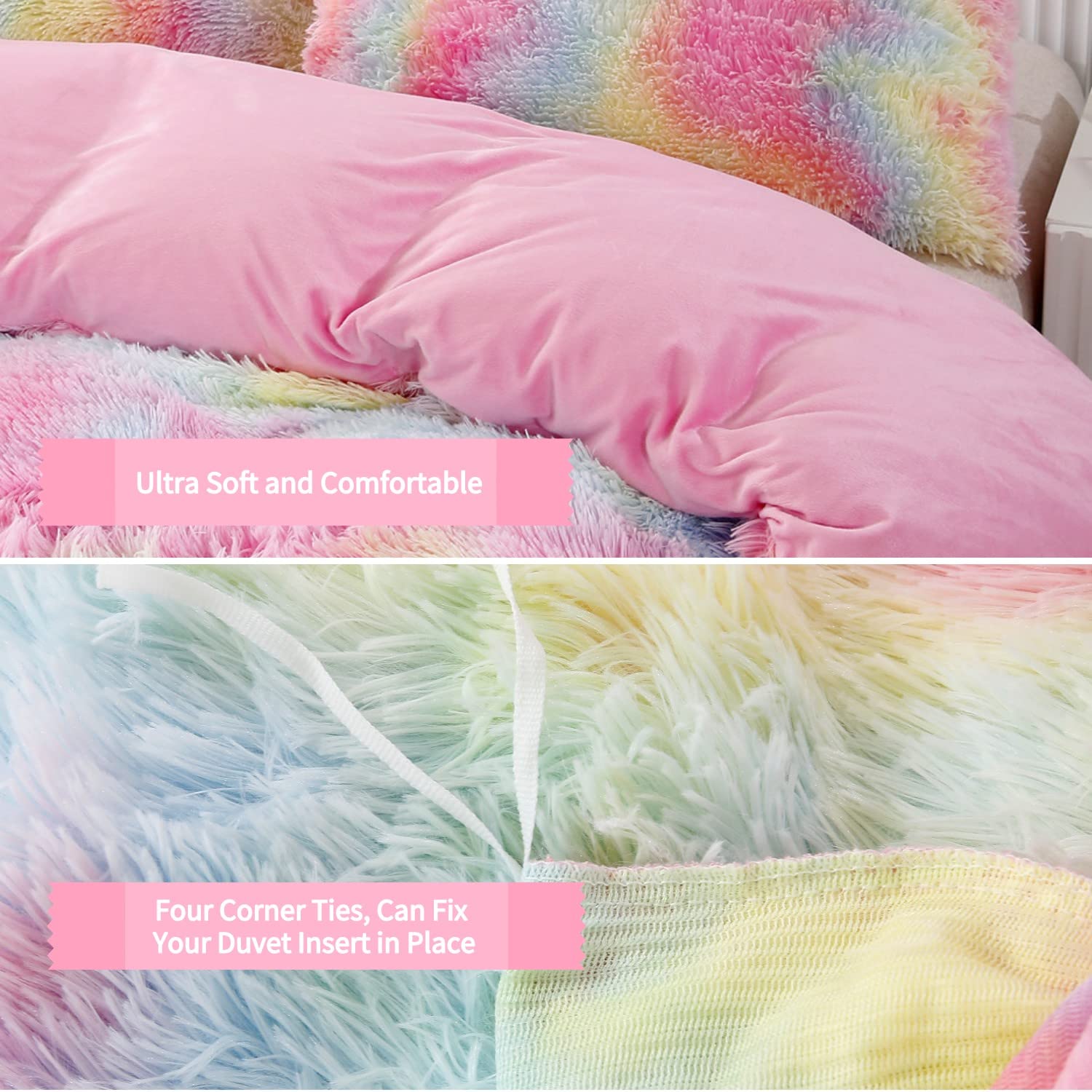 RYNGHIPY 3Pcs Rainbow Girls Bedding Sets Twin Size Ultra Soft Long Hair Plush Shaggy Duvet Cover with Pillowcases Colorful Tie Dye Bedding Set with Hidden Zipper Closure (Colorful Pink,Twin)