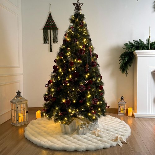 Starry Dynamo 60-Inch Puff Quilt Faux Fur Christmas Tree Skirt, Soft Plush Tufted Texture with Satin Ribbon Ties, Cream