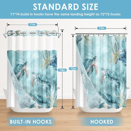 Nesphy No Hook Nautical Teal Sea Turtles Shower Curtain with Snap in Fabric Liner Set, Ocean Beach Double Layers Waterproof Fabric with See Through Top Window Open Grommet Bath Curtain 71x74 Inch