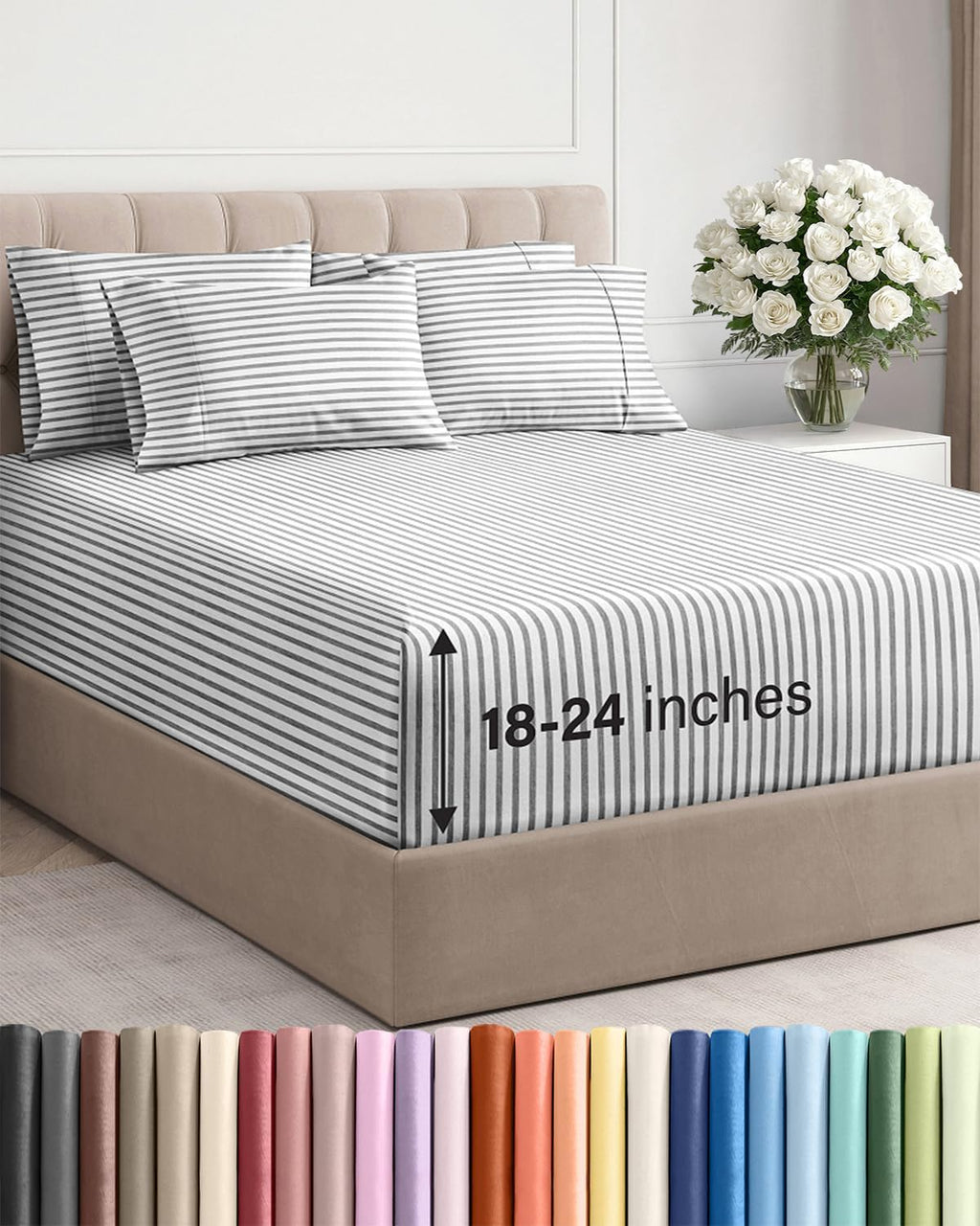 Skiennix Extra Deep Full Sheet Set | 6-Piece Breathable Cooling Bedding - Soft, Wrinkle-Free Grey Stripes