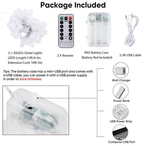 OMIKA 2 Pack Globe Fairy Lights Battery Operated, 15Ft 30LED UV Black String Lights 8 Modes with Remote Waterproof Indoor Outdoor Decorative Christmas Black Lights for Bedroom Glow Party Patio Garden