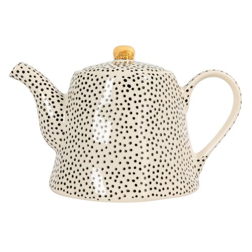 White Stoneware Teapot with Black Speckles & Gold Electroplating