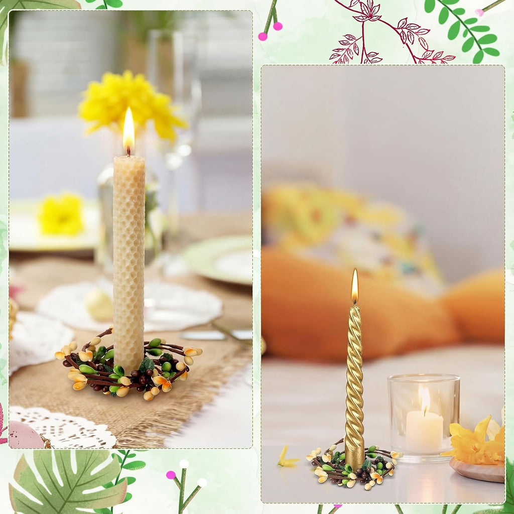 Suncalla Spring Pip Berry Taper Candle Rings - Set of 4 Mini Artificial Wreaths for Home Decor