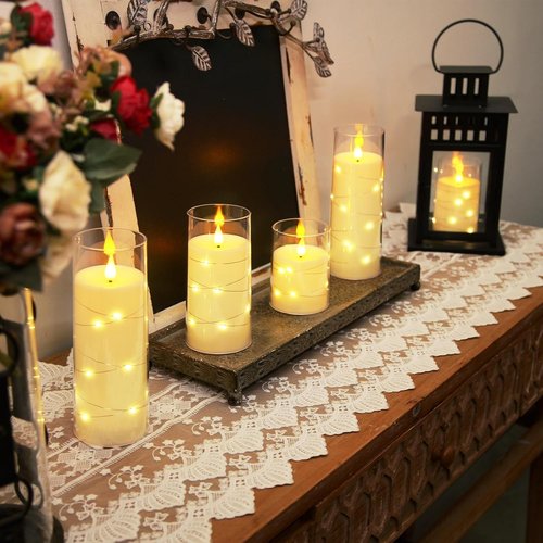 Homemory Flameless Candles - Battery Operated LED Candles with Fairy Lights & Remote Control | Ivory Set of 5 (5" 6" 8" 8")
