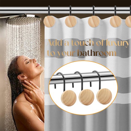 Shower Curtain Hooks, Wood Decorative Shower Curtain Rings, Modern Round Log Shower Curtain Hangers, 12PCS Shower Hooks for Shower Curtain Rod, Bedroom, Living Room (Black 1)