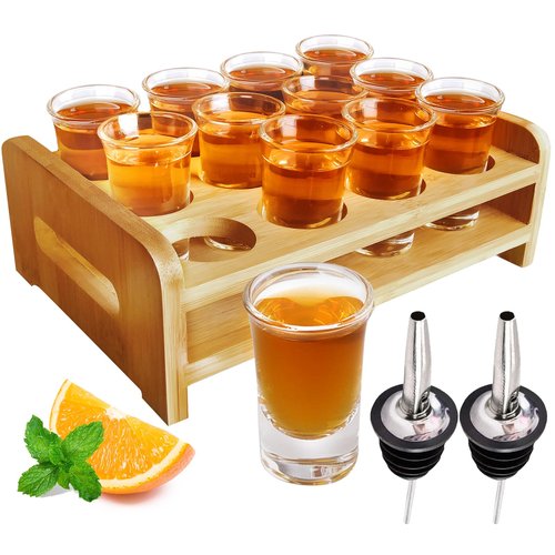 Supwinnet Shot Glasses Set of 12 Tray Serving Holder 1oz/30ml Bulk Glass Cups Thick Base with Stand Organizer for Tequila Party Club Bar Home Restaurant Kitchen Glassware Spirit Tasting Gift
