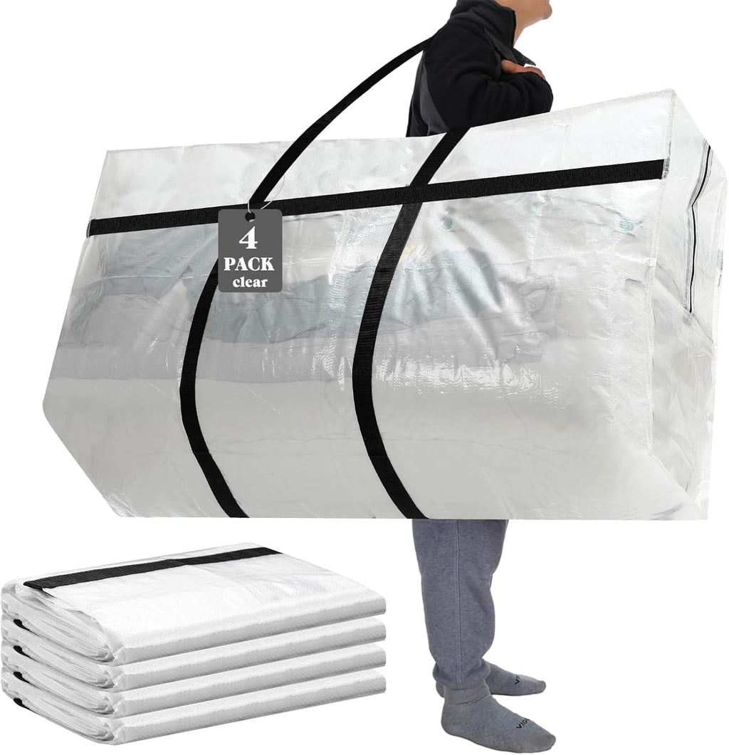 Skiennix 96 Gallon Heavy-Duty Moving Bags - Extra Large Foldable Storage Tote with Zipper Handle (Clear)