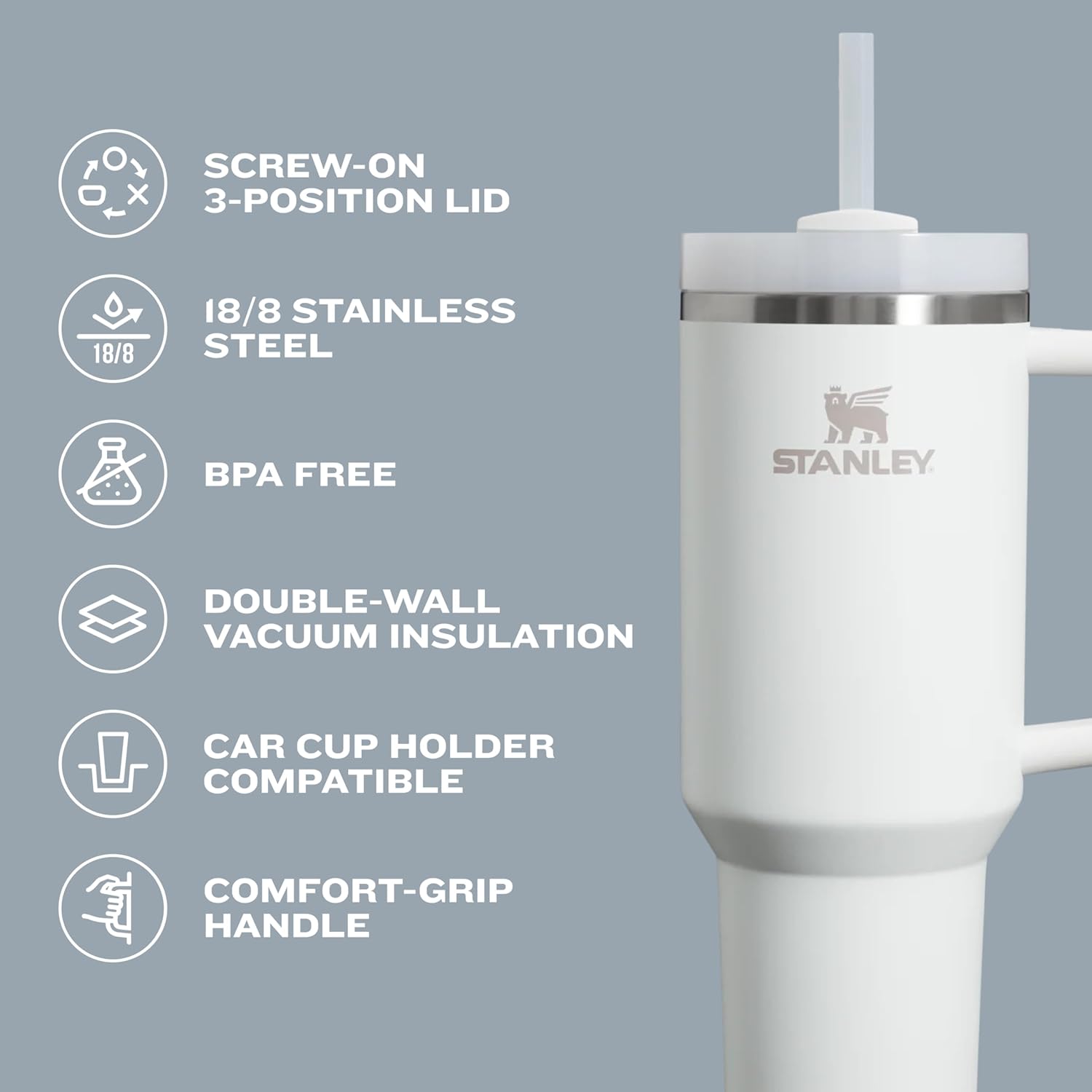 STANLEY Quencher H2.0 Tumbler - 64 oz Insulated Stainless Steel Cup with Handle & Straw | BPA-Free Cream 2.0