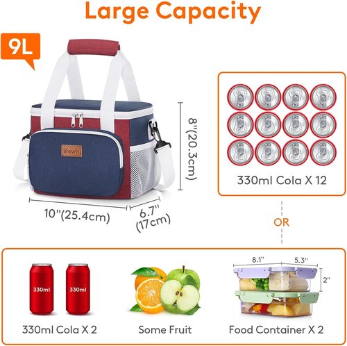Lifewit Insulated Lunch Bag - Soft Cooler Tote for Adults | Holds 12 Cans (9L) - White, Red & Blue