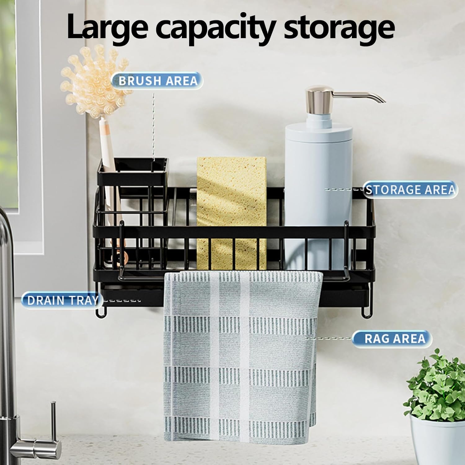 Skiennix Kitchen Sink Caddy Organizer - Rustproof Sponge Holder & Multi-Functional Soap Dispenser | Countertop Storage Solution