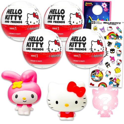 Hello Kitty Blind Ball Party Favors - Bundle of 4 Mash'Ems Blind Box Mini Figures Plus Stickers, More | Mystery Figurines for Kids, Boys, Girls