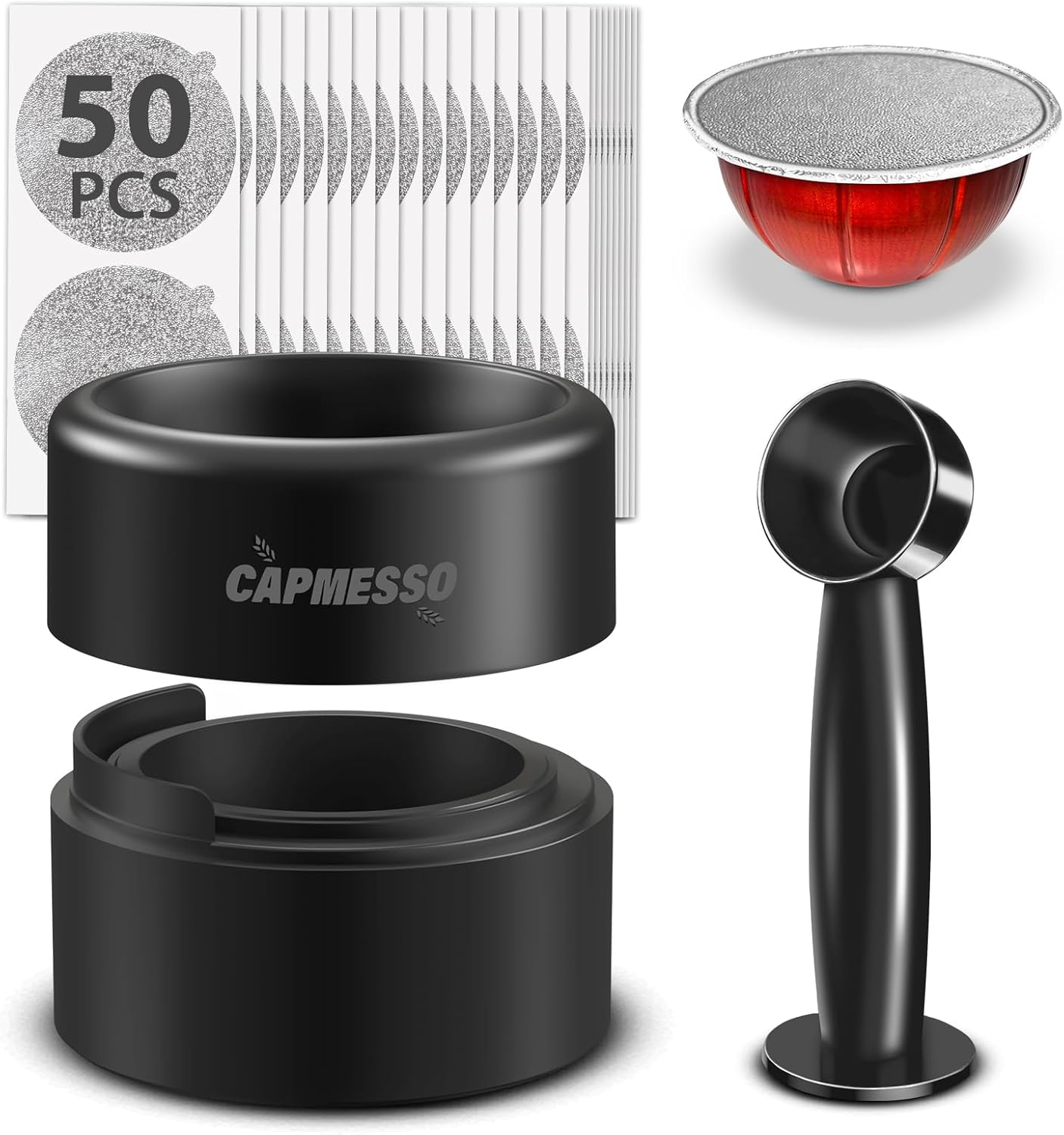 CAPMESSO Reusable Vertuoline Pod Refill Kit - 50 Aluminum Lids with Fill & Press Brush | Eco-Friendly Solution