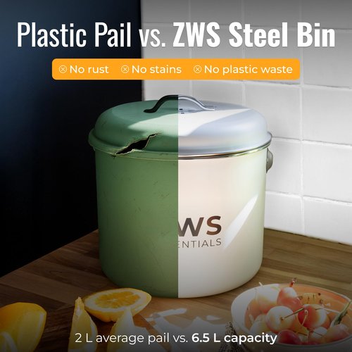 ZWS Essentials White Stainless Steel Compost Bin | 6.5L Odor-Free Kitchen Countertop Food Scrap Pail with Charcoal Filter | Compact Zero Waste Solution for Home and Apartment Kitchens