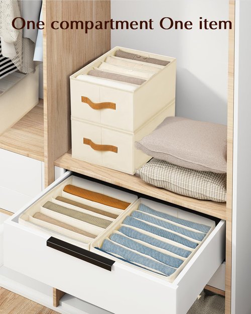 Homsorout Clothes Organizer - Foldable Fabric Jeans Storage with Handles | 6 Pack, Beige, 4/5/7 Grids