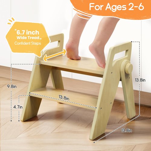 HOMEKOL Toddler Kids Step Stool: Wooden 2 Step Stool for Bathroom Sink Kitchen, Foldable with Side Handles, 300 lbs Capacity, Non-Slip A-Frame, Natural Wood Color
