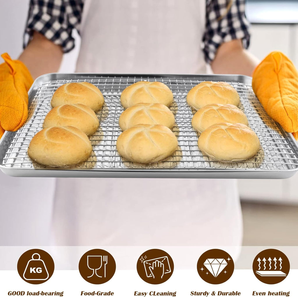 P&P CHEF Stainless Steel Baking Oven Pan - Versatile Cookie & Bacon Tray with Wire Rack | 17.5 x 13 x 1 Inch