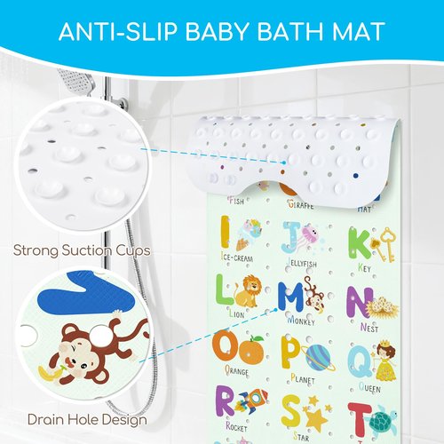 Omedecal Baby Bath Mat for Tub, Non Slip Kids Bath Shower Mat, 40 X 16 Inch Large Bathtub Mat with Drain Holes and Suction Cups for Toddlers, Machine Washable and Waterproof (Alphabet)