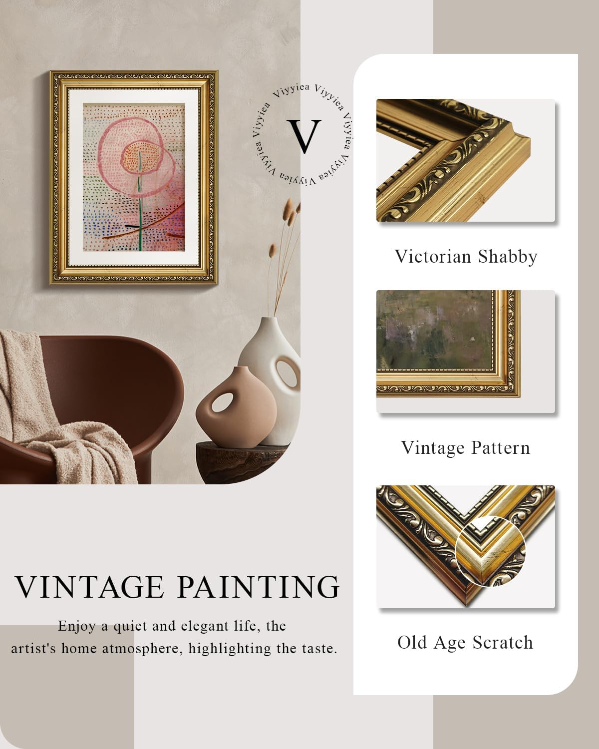 VIYYIEA Gold Framed Canvas Print - Vintage Abstract Flower Wall Art for Home Decor | 11x14in Multicolor