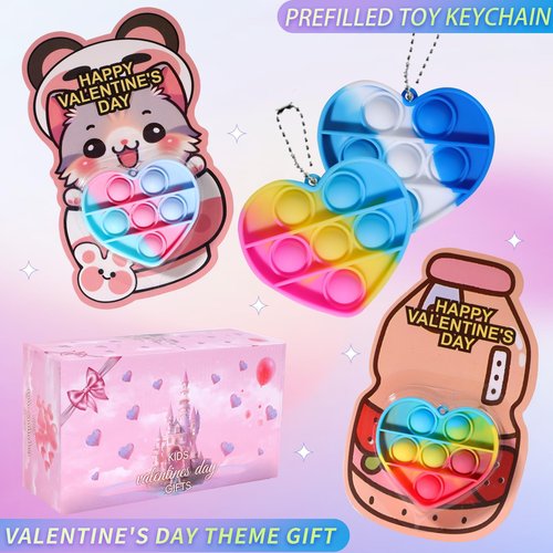 TOAPER 36 Pack Valentines Day Gifts for Kids - Bulk Prefilled Valentines Heart Pop Keychain Toys Classroom Cards, Valentine’s Day Cards for Kids Boys Girls School Class Exchange Gifts