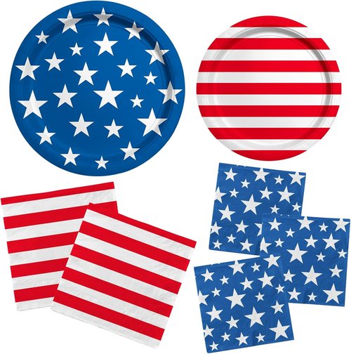 American Flag Party Supplies - Disposable Dinner & Dessert Paper Plates | Napkins for 50 Guests