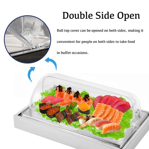 Ice Food Serving Display Tray, Stainless Steel Catering Supplies Buffet Display with Clear Roll Top & Ice Pack, Cooling Food Chilled Serving Plate for Restaurant Buffet Vendor Hotel Kitchen Party
